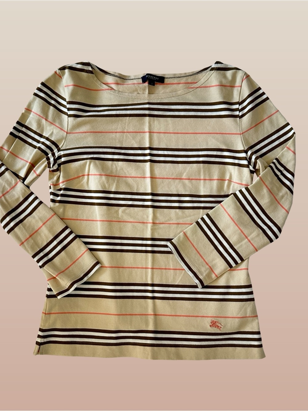 Burberry Cream Striped Long-Sleeve Tee with Brown & Pink Accents Size 2
